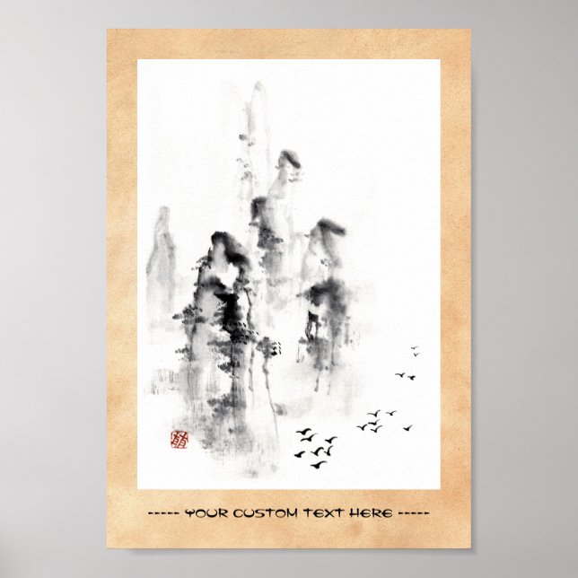 Klassisk orientalisk kinesisk sumi-e bläck bergsla poster (Framsidan)