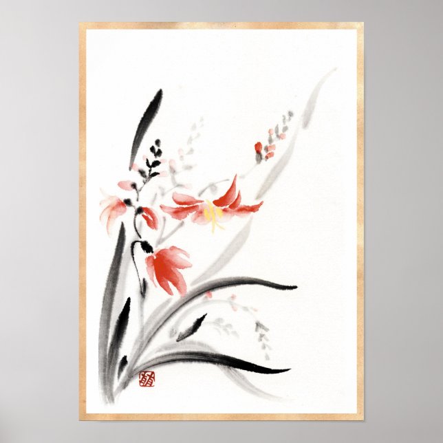 Klassisk orientalisk kinesisk viti-e bläck-blomma poster (Framsidan)