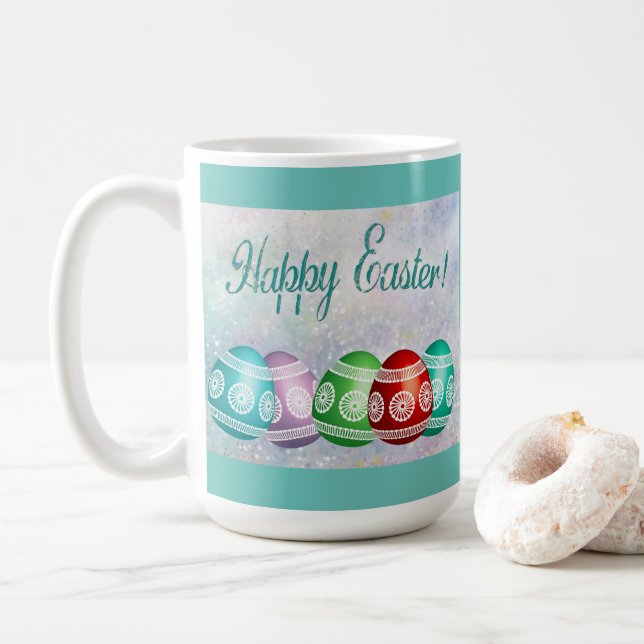 Klassisk påskmugg Färgglada ägg och teal bakgrund Kaffemugg (Med munk)