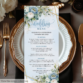 Klassisk Pastel Blue Peonies Guld Glitter Middag Meny