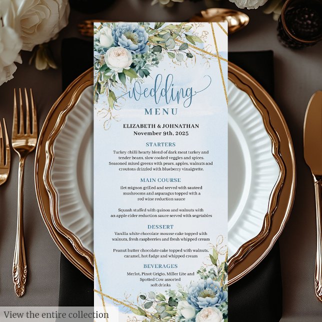 Klassisk Pastel Blue Peonies Guld Glitter Middag Meny (Classic Pastel Blue Peonies Gold Glitter Dinner Menu

)