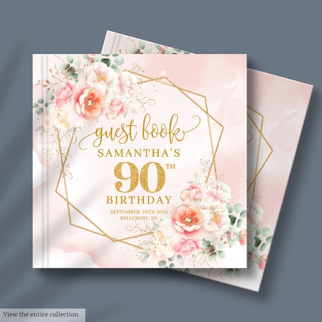 Klassisk Pastel Rosa Guld Flowers 90:e födelsedag Gästböcker (Classic Pastel Pink Gold Flowers 90th Birthday Guest Book)