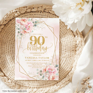 Klassisk Pastel Rosa Guld Flowers 90:e födelsedag Inbjudningar