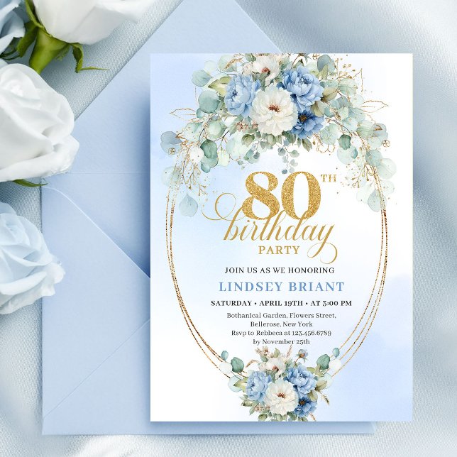 Klassisk Pastellblå Peony Grönska 80-årsdag Inbjudningar (Classic Pastel Blue Peony Greenery 80th Birthday)