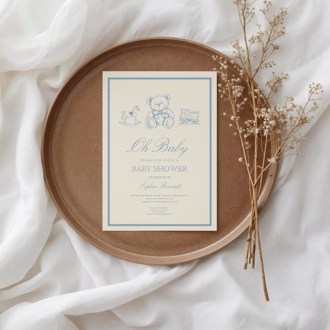 Klassisk Pastellblå Teddybjörn Bebisbad Inbjudningar (Skapare uppladdad)