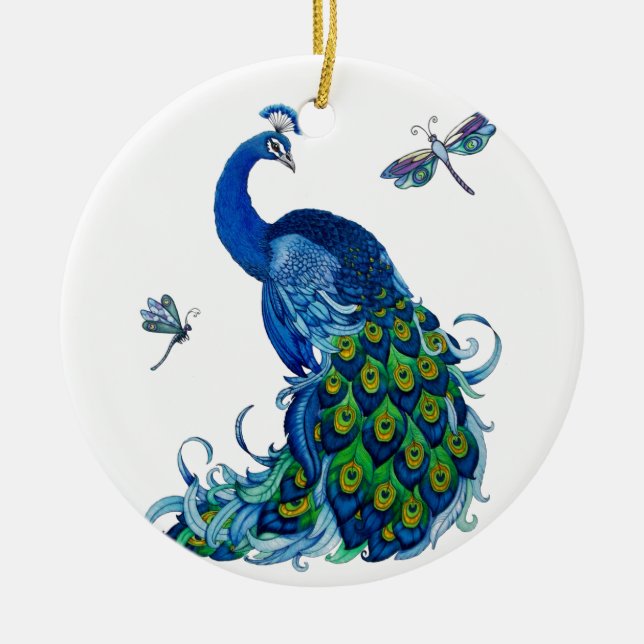 Klassisk Peacock and Dragonfly Design Julgransprydnad Keramik (Framsidan)