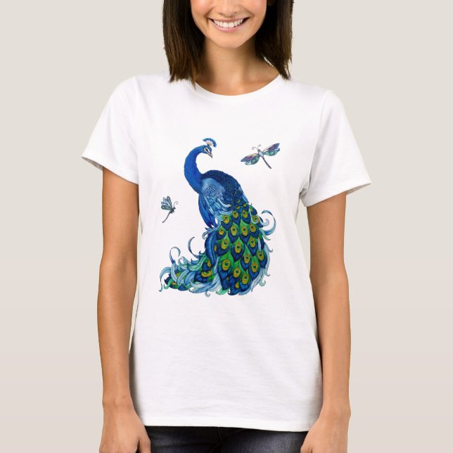 Klassisk Peacock and Dragonfly Design T Shirt (Framsida)