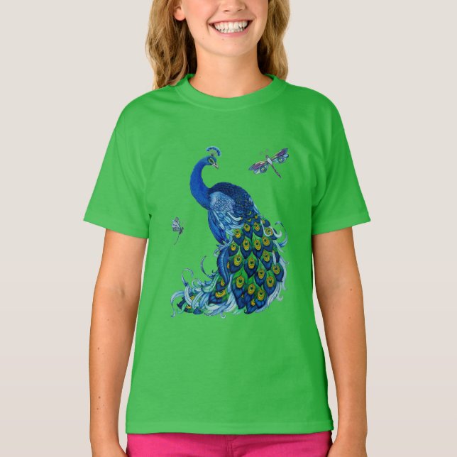 Klassisk Peacock and Dragonfly Design T-shirt (Framsida)