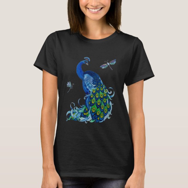 Klassisk Peacock and Dragonfly Design Tee Shirt (Framsida)