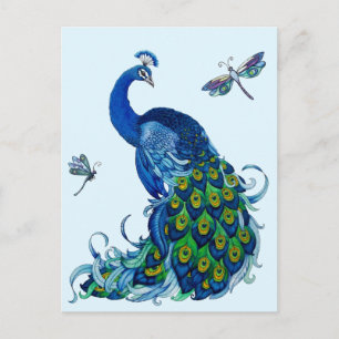 Klassisk Peacock and Dragonfly Design Vykort