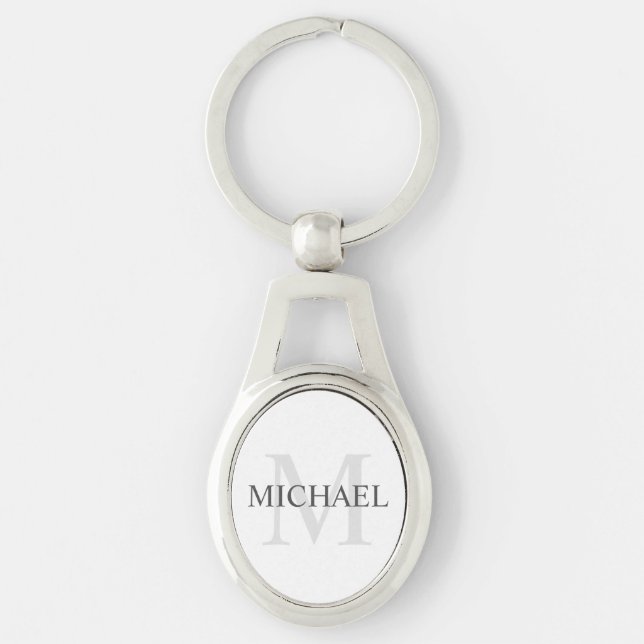 Klassisk Personlig Monogram och Namn Ovalt Silverfärgad Nyckelring (Framsidan)