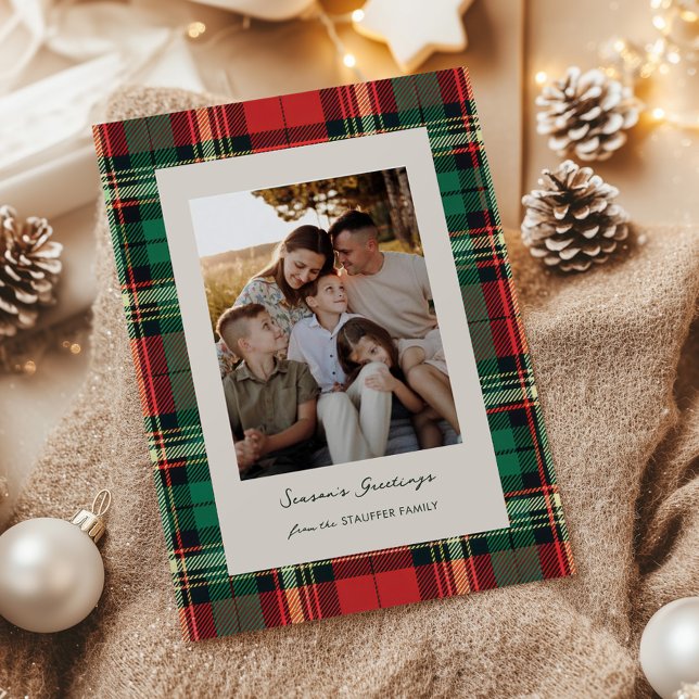 Klassisk Plaid Julkort med Foto Grid på Baksidan (Skapare uppladdad)
