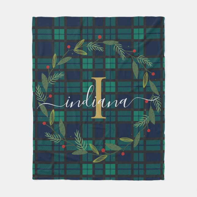 Klassisk Plaid Monogram Julkrans Tartan Fleecefilt (Framsidan)