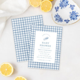 Klassisk Pojke Blue Rattle Gingham Baby Shower Inbjudningar