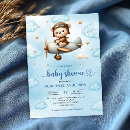 Klassisk pojke dusch Teddybjörn pilot Blå Brun Inbjudningar