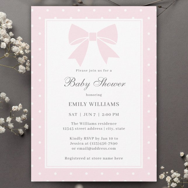 Klassisk Polka dots Baby Rosa Bow Girl Baby Shower Inbjudningar (Skapare uppladdad)