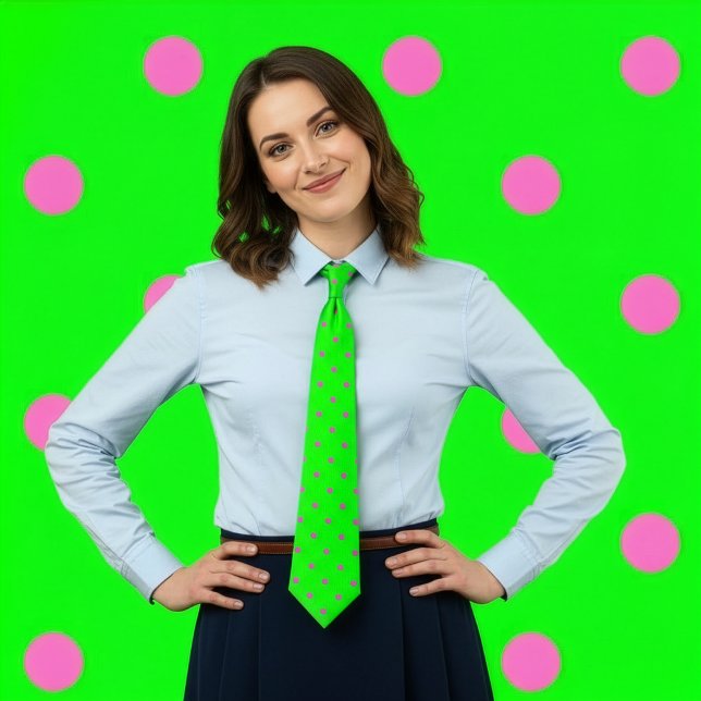 Klassisk polka-streck, Shock rosa på Neon-Grönten Slips (Woman with hands on hips wears a neon green tie with hot pink polka dots.)