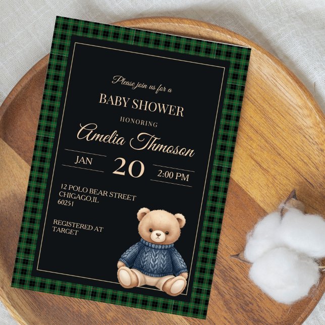 Klassisk Polo Nalle Förberedande Rutiga Baby Showe Inbjudningar (Skapare uppladdad)