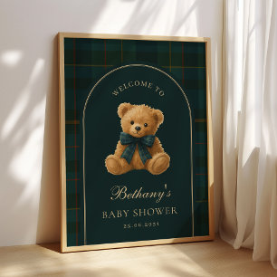 Klassisk Polo Rutig Teddybjörn Baby Shower Välkoms Poster