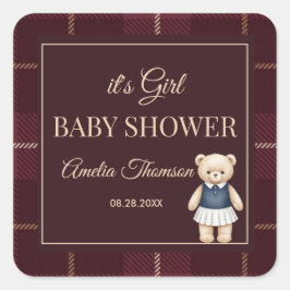 Klassisk Polo Teddybjörn Snygg Rutig Bebis Shower  Fyrkantigt Klistermärke