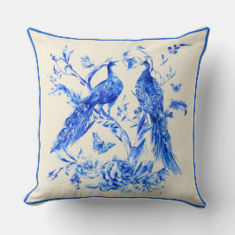 Klassisk porslinblåpeacocks Cream-bakgrund Kudde