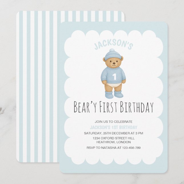 Klassisk Preppy Bear Blå Pojkfödelsedag Inbjudningar (Fram/baksida)