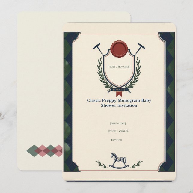 Klassisk Preppy-monogram Babyshower-inbjudan Inbjudningar (Fram/baksida)