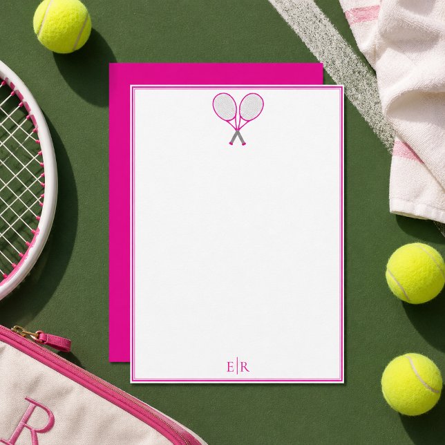 Klassisk Preppy Rosa Tennis Brevpapper Monogram Ne Anteckningskort (Skapare uppladdad)