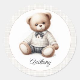 Klassisk Preppy Teddybjörn Personlig Födelsedag Runt Klistermärke