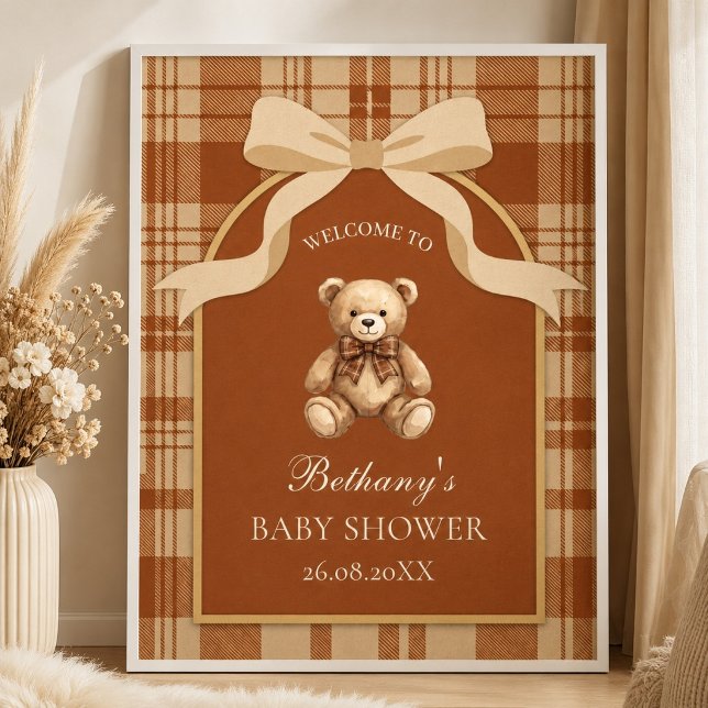 Klassisk Preppy Teddybjörn Rutig Välkomstskylt Poster (Classic Preppy Teddy Bear Plaid Welcome Poster)
