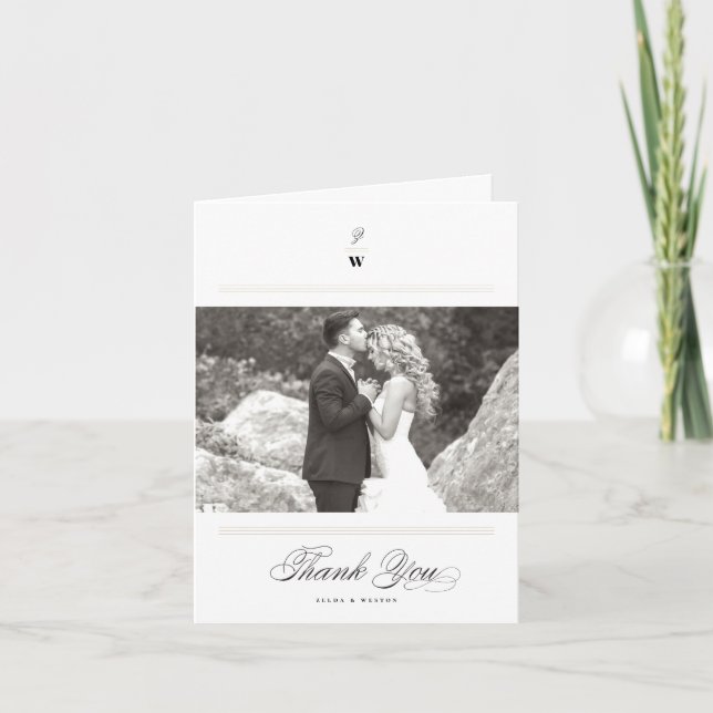 Klassisk Pub Dubbla Monogram Modern Photo Bröllop Tack Kort (Framsida)