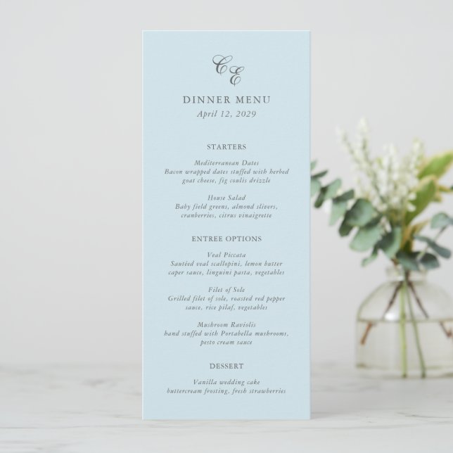 Klassisk Pulverblå Monogram Elegant Bröllop Meny (Stående Fram)