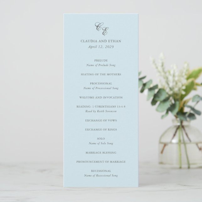Klassisk Pulverblå Monogram Elegant Bröllop Program (Stående Fram)