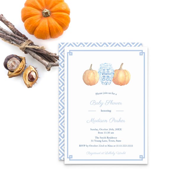 Klassisk Pumpkin Ginger Burk Fall Boy Shower Inbjudningar (Light Blue Greek Key And Ginger Jar With Orange Pumpkins Baby Shower Party Invitation)