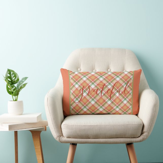 Klassisk Pumpkin-Orange Höst Grönt Tartan Mönster Lumbarkudde (Stol)
