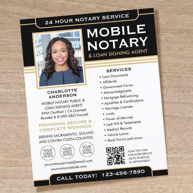 Klassisk QR-kod för mobil notarius-flyer i svart g Flygblad (Skapare uppladdad)