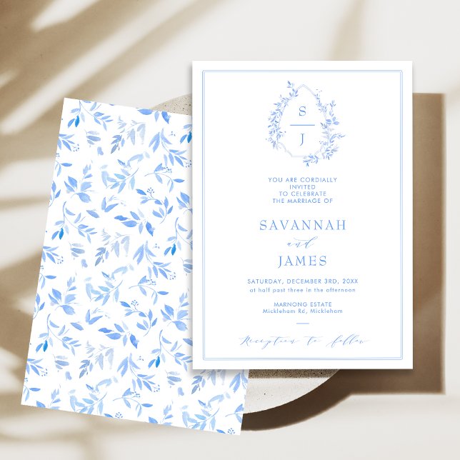 Klassisk Ram, Blå Vapensköld Bröllop Inbjudningar (Classic Blue Crest Wedding Invitation, Blue Monogram Wedding Invitation, Watercolor Foliage Crest)