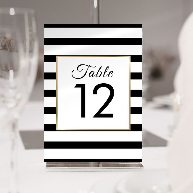 Klassisk randig bröllopsduk  | Falskt guldblad Bordsnummer (Classic Stripe Wedding | Faux Gold Foil Table Number)