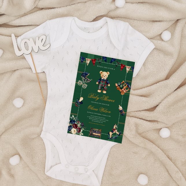 Klassisk randig rustik rutig teddybjörn bebisshowe inbjudningar (Neutral Plaid Teddy Bear Baby Shower Invitation Classic Bearly Wait Stripes Rustic Design)