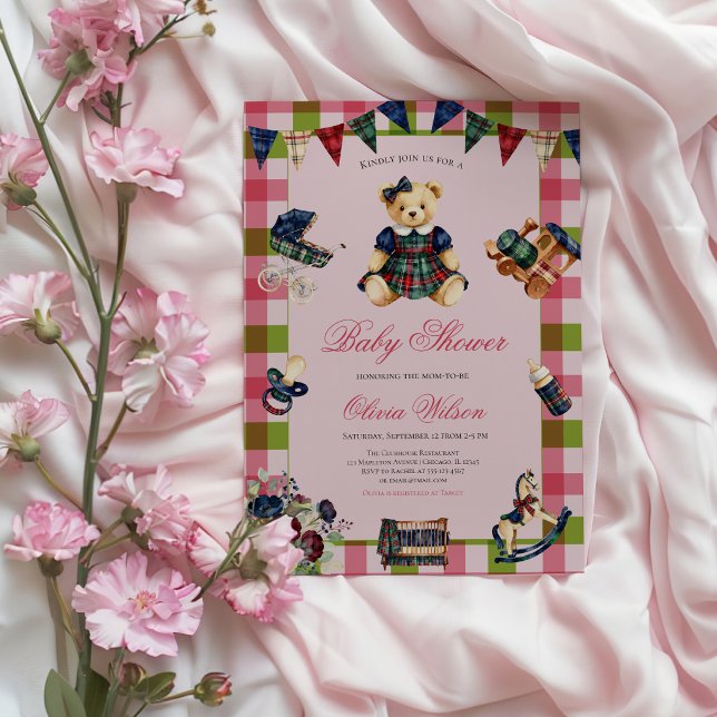 Klassisk randig rutig Teddybjörn Flicka Bebis fira Inbjudningar (Elegant Pink Stripe Plaid Teddy Bear Girl Baby Shower Invitation Classic Bearly Wait)