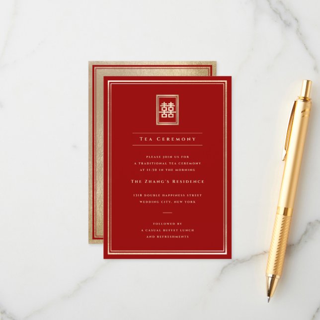 Klassisk Rectangle Dubbla Happiness Tea Ceremony Tilläggskort (Fram/Back In Situ)