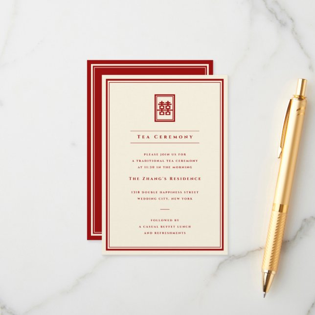 Klassisk Rectangle Dubbla Happiness Tea Ceremony Tilläggskort (Fram/Back In Situ)