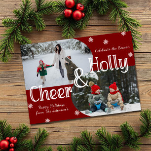 Klassisk Red Holly & Cheer 2-familjens fotojul Julkort