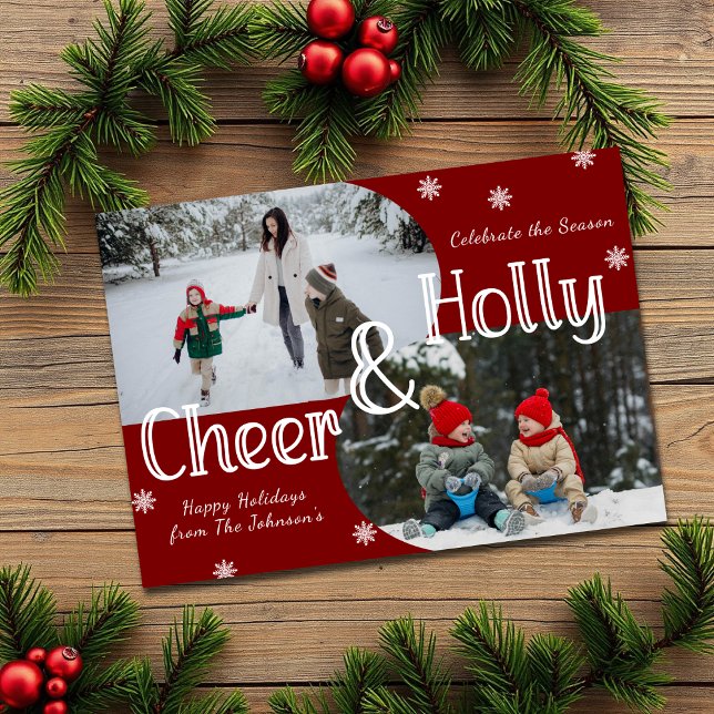 Klassisk Red Holly & Cheer 2-familjens fotojul Julkort (Skapare uppladdad)