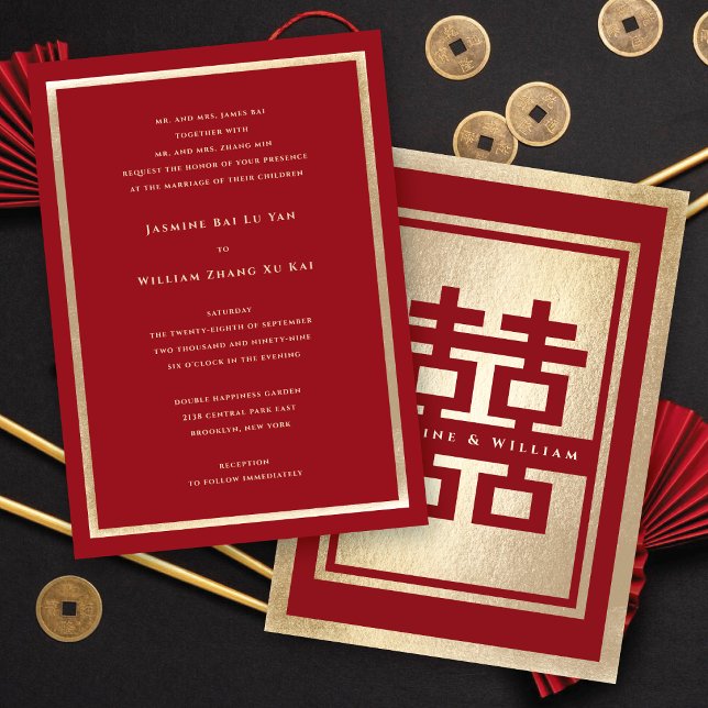 Klassisk rektangel Dubbel Lycka Kinesisk Bröllopsf Inbjudningar (Red/Gold Classic Rectangle Double Happiness 囍 Chinese Wedding Invitation @ fatfatin_red_knot)