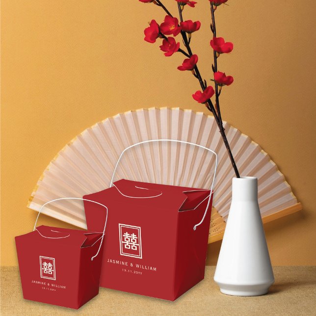 Klassisk rektangel Dubbel Lycka Kinesiskt Bröllop Presentaskar (Ivory/Red Classic Rectangle Double Happiness Chinese Wedding Party Favor Boxes @ fatfatin_red_knot)