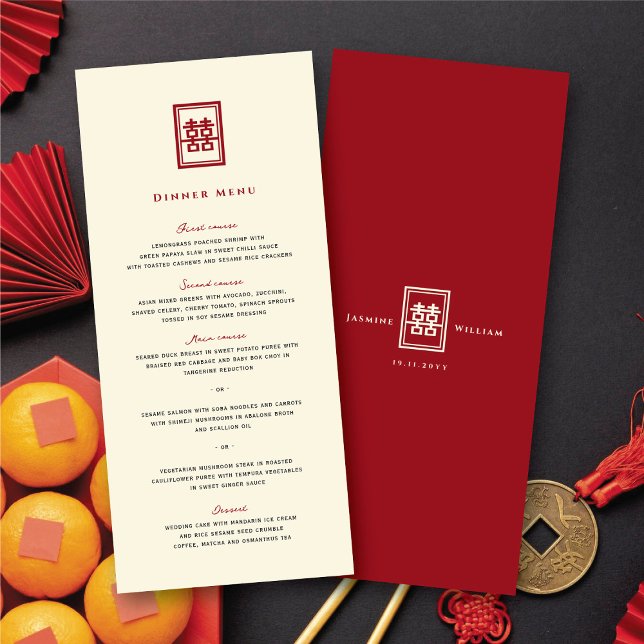 Klassisk rektangulär Dubbel Lycka kinesisk bröllop Meny (Classic Rectangle Double Happiness Chinese Wedding Menu @ fatfatin_red_knot)