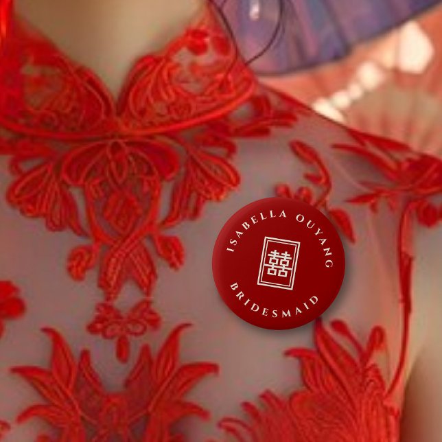 Klassisk rektangulär Dubbla Xi kinesisk Bröllopsfe Knapp (BRIDESMAID Classic Rectangle Double Happiness Chinese Wedding Party Button @ fatfatin_red_knot)