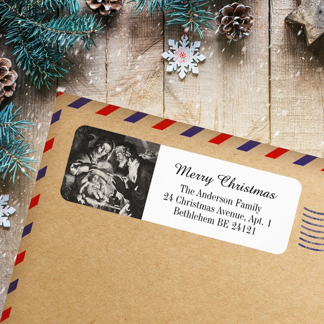 Klassisk Religiösa i Elegant, kristen Heliga, jul Returadress Etikett (Classic Elegant Black and White Religious Christian Catholic Christmas Holiday Return Address Label)