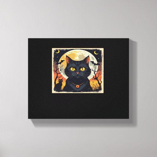 Klassisk Retro Black Cat Halloween T-Shirt Classic Canvastryck (Framsida)